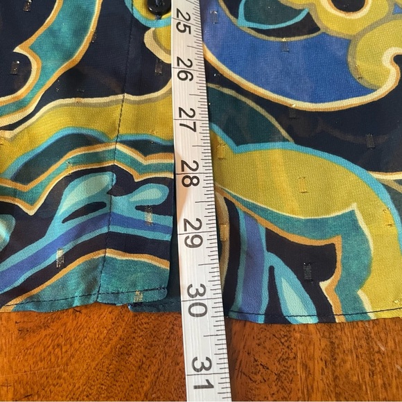 Chico’s Blue Gold Green Chiffon Metallic Swirl Ruffle Sleeve Button Up Blouse - Picture 11 of 14